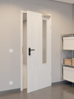 CloseUp-Flur-Milieuansicht von GARANT Rauchschutztür Authentic Grigio CePaL mit Lichtausschnitt LA-5 bandseitig