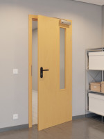 CloseUp-Flur-Milieuansicht von GARANT Rauchschutztür Buche Exklusiv CePaL mit Lichtausschnitt LA-5 bandseitig