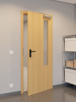 CloseUp-Flur-Milieuansicht von GARANT Rauchschutztür Eiche Premium CePaL mit Lichtausschnitt LA-5 bandseitig