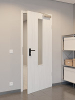 CloseUp-Flur-Milieuansicht von GARANT Rauchschutztür Authentic Grigio CePaL mit Lichtausschnitt LA-5 mittig