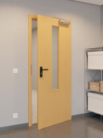 CloseUp-Flur-Milieuansicht von GARANT Rauchschutztür Buche Exklusiv CePaL mit Lichtausschnitt LA-5 mittig