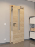 CloseUp-Flur-Milieuansicht von GARANT Rauchschutztür Quer Authentic Risseiche CePaL mit Lichtausschnitt LA-5 mittig