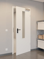 CloseUp-Flur-Milieuansicht von GARANT Rauchschutztür Weißlack 9016 mit Lichtausschnitt LA-5 mittig