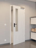 CloseUp-Flur-Milieuansicht von GARANT Rauchschutztür Authentic Grigio CePaL mit Lichtausschnitt LA-5 schlossseitig