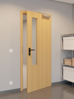 CloseUp-Flur-Milieuansicht von GARANT Rauchschutztür Eiche Premium CePaL mit Lichtausschnitt LA-5 schlossseitig