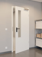 CloseUp-Flur-Milieuansicht von GARANT Rauchschutztür Weißlack 9016 mit Lichtausschnitt LA-5 schlossseitig