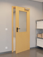 CloseUp-Flur-Milieuansicht von GARANT Rauchschutztür Buche Exklusiv CePaL mit Lichtausschnitt LA-6