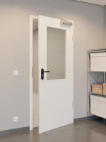 CloseUp-Flur-Milieuansicht von GARANT Rauchschutztür Weißlack 9016 mit Lichtausschnitt LA-6