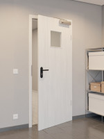 CloseUp-Flur-Milieuansicht von GARANT Rauchschutztür Authentic Grigio CePaL mit Lichtausschnitt LA-7