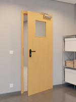 CloseUp-Flur-Milieuansicht von GARANT Rauchschutztür Buche Exklusiv CePaL mit Lichtausschnitt LA-9