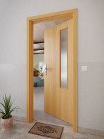 CloseUp-Milieuansicht von GARANT Wohnungseingangstür Eiche Premium CePaL mit Lichtausschnitt LA-5 bandseitig