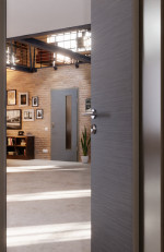 CloseUp-Milieuansicht von Strukturiert Hygge Grau LA 24 bandseitig Basic Innentür - Huga