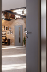 CloseUp-Milieuansicht von Ultramatt Hygge Grau LA 24 bandseitig Basic Innentür - Huga