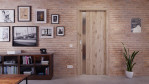Front-Milieuansicht der in der Wand laufenden HÖRMANN Schiebetür Pure 1 Nordeiche Duradecor DesignLine mit Lichtausschnitt Schlossseite