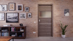 Front-Milieuansicht der in der Wand laufenden HÖRMANN Schiebetür Pure 2 Gebürstete Lärche dunkel quer Duradecor DesignLine mit Lichtausschnitt quer mit Lisene Steel 79