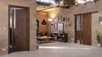 Main-Milieuansicht der vor der Wand laufenden HÖRMANN Schiebetür Pure 1 Alpineiche Duradecor DesignLine mit Lichtausschnitt Schlossseite
