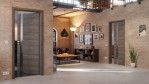 Main-Milieuansicht der in der Wand laufenden HÖRMANN Schiebetür Pure 1 Gebürstete Lärche dunkel quer Duradecor DesignLine mit Lichtausschnitt Schlossseite