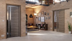 Main-Milieuansicht der vor der Wand laufenden HÖRMANN Schiebetür Pure 1 Gebürstete Lärche dunkel quer Duradecor DesignLine mit Lichtausschnitt Schlossseite