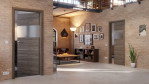 Main-Milieuansicht der in der Wand laufenden HÖRMANN Schiebetür Pure 2 Gebürstete Lärche dunkel quer Duradecor DesignLine mit Lichtausschnitt quer mit Lisene Steel 80