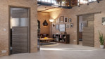 Main-Milieuansicht der vor der Wand laufenden HÖRMANN Schiebetür Pure 2 Gebürstete Lärche dunkel quer Duradecor DesignLine mit Lichtausschnitt quer mit Lisene Steel 80