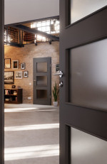 CloseUp-Milieuansicht von Huga Innentür Hygge grau RAL 7037 Lack Basic mit Lichtausschnitt LA-11