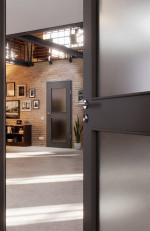 CloseUp-Milieuansicht von Huga Innentür Hygge grau RAL 7037 Duradecor Basic mit Lichtausschnitt LA 12