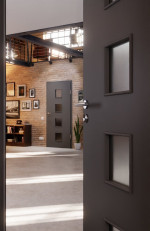 CloseUp-Milieuansicht von Huga Innentür Hygge grau RAL 7037 Duradecor Basic mit Lichtausschnitt LA 14