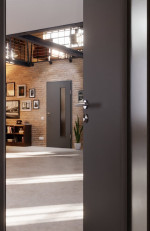 CloseUp-Milieuansicht von Huga Innentür Hygge grau RAL 7037 Lack Basic mit Lichtausschnitt LA-24 bandseitig