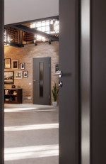 CloseUp-Milieuansicht von Huga Innentür Hygge grau RAL 7037 Duradecor Basic mit Lichtausschnitt LA 24