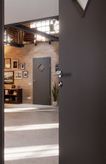 CloseUp-Milieuansicht von Huga Innentür Hygge grau RAL 7037 Duradecor Basic mit Lichtausschnitt LA 6 Raute