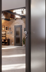 CloseUp-Milieuansicht von Huga Innentür Hygge grau RAL 7037 Duradecor Basic mit Lichtausschnitt LA 8