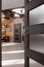 CloseUp-Milieuansicht von Huga Innentür Hygge grau RAL 7037 Lack Basic mit Lichtausschnitt LA-9