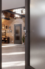 CloseUp-Milieuansicht von Huga Innentür Hygge grau RAL 7037 Duradecor Basic mit Lichtausschnitt LA-DIN