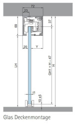 Technische Zeichnung ERKELENZ Schiebetürsystem für Ganzglastüren Dorma Muto Comfort XL 150 BLACK|LINE Deckenmontage