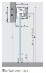 Technische Zeichnung ERKELENZ Schiebetürsystem für Ganzglastüren Dorma Muto Comfort XL 150 BLACK|LINE Wandmontage