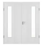 Frontansicht von Huga Doppelflügeltür Eiche Weiß Durat Basic mit Lichtausschnitt LA 24 bandseitig mit Zarge