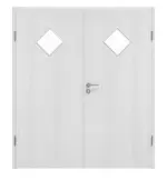 Frontansicht von Huga Doppelflügeltür Eiche Weiß Durat Basic mit Lichtausschnitt LA 6 Raute mit Zarge