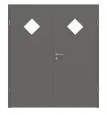 Frontansicht von Huga Doppelflügeltür Hygge grau RAL 7037 Duradecor Basic mit Lichtausschnitt LA 6 Raute mit Zarge