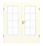 Frontansicht von GARANT Doppelflügeltür inkl. Zarge W980ST15 Platinweiß GHK08 mit Lichtausschnitt LA-DIN Sprosse SP1