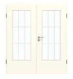 Frontansicht von GARANT Doppelflügeltür inkl. Zarge W980ST15 Platinweiß GHK08 mit Lichtausschnitt LA-DIN Sprosse SP2