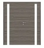 Frontansicht von HÖRMANN Doppelflügeltür Pure 1 Gebürstete Lärche dunkel quer Duradecor DesignLine mit Lichtausschnitt Bandseite mit Zarge