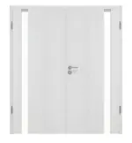 Frontansicht von Huga Doppelflügeltür Smart 1 Eiche Weiß Durat Concept mit Lichtausschnitt Bandseite mit Zarge