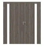 Frontansicht von HÖRMANN Doppelflügeltür Pure 1 Gebürstete Lärche dunkel Duradecor DesignLine mit Lichtausschnitt Bandseite mit Zarge