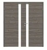 Frontansicht von HÖRMANN Doppelflügeltür Pure 1 Gebürstete Lärche dunkel quer Duradecor DesignLine mit Lichtausschnitt Schlossseite mit Zarge