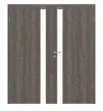 Frontansicht von HÖRMANN Doppelflügeltür Pure 1 Gebürstete Lärche dunkel Duradecor DesignLine mit Lichtausschnitt Schlossseite mit Zarge