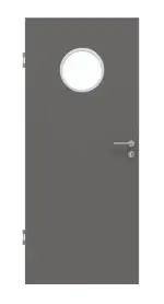 Frontansicht von Huga Innentür Hygge grau RAL 7037 Lack Basic mit Lichtausschnitt LA Bullauge