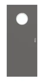 Frontansicht von Huga Schiebetür Hygge grau RAL 7037 Lack Basic mit Lichtausschnitt LA Bullauge