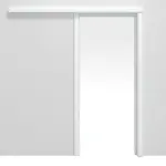 Frontansicht von Schiebetürsystem Weiß Dekorfolie vor der Wand laufend mit Zarge