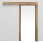 Frontansicht von JELD-WEN Schiebetürsystem vor der Wand laufend Classic Raucheiche DuriTop mit Zarge