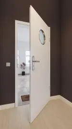 Front-Milieuansicht von GARANT Wohnungseingangstür D354-60 Designer White Resopal mit Lichtausschnitt LA-12